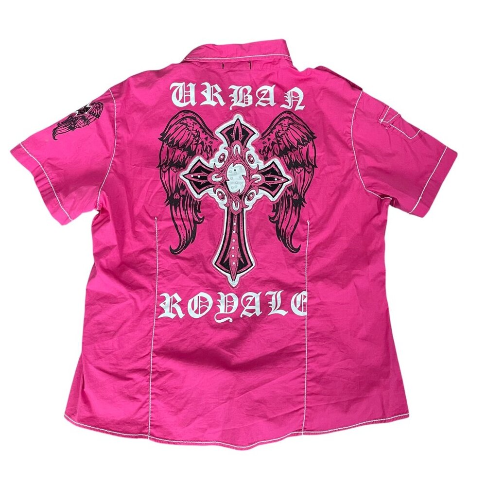 Vintage Y2K Womens Pink Button Shirt 3X Old School Affliction Style Stretch